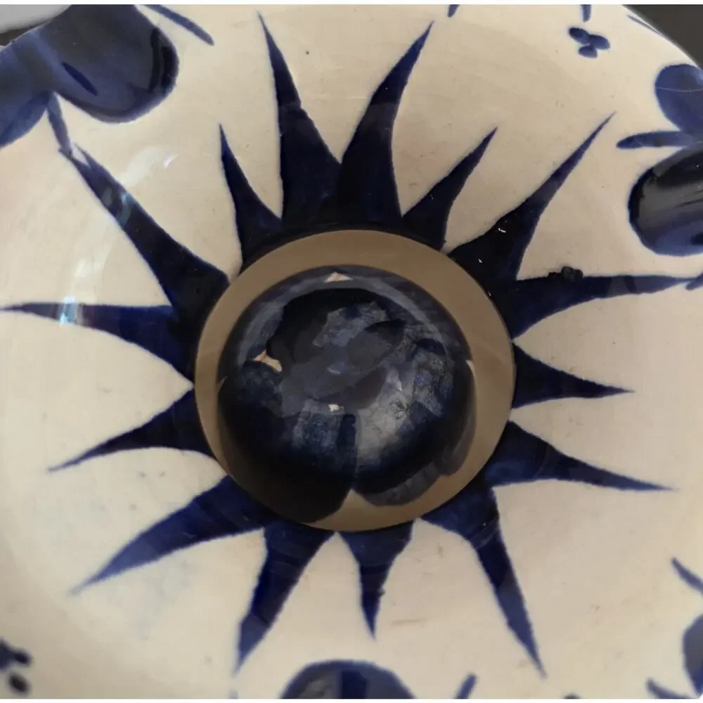 Vintage Mexican Pottery Covered Ashtray Blue White Floral Hecho En Mexico 8